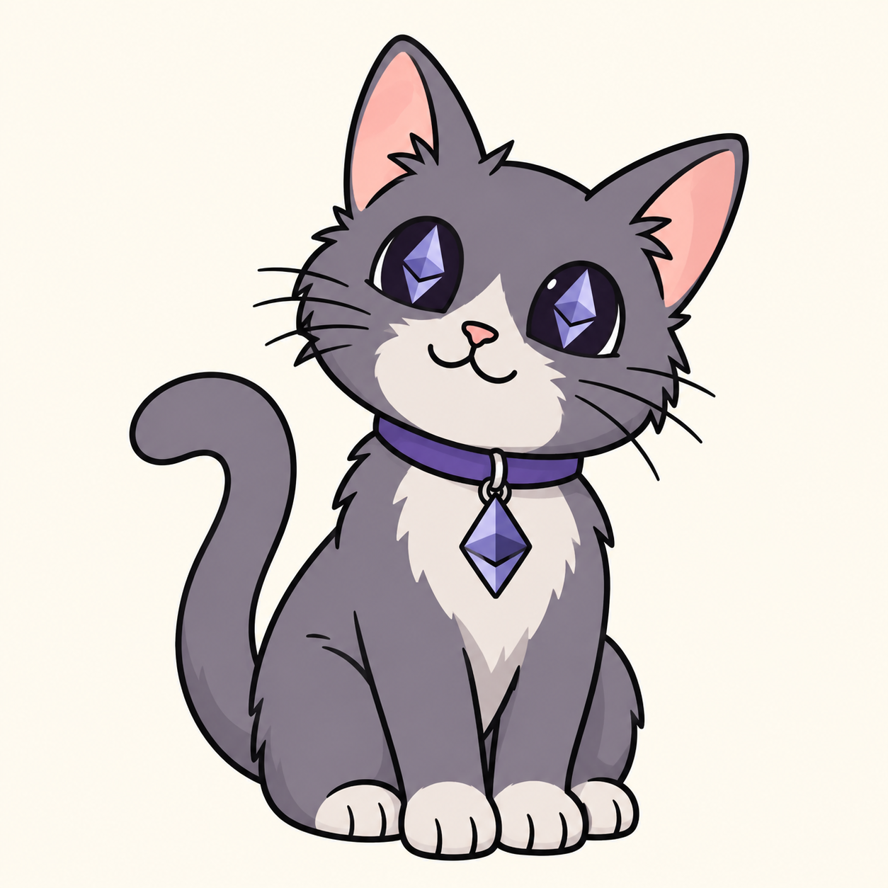 Gray cartoon cat with Ethereum symbols in its eyes and on its collar
